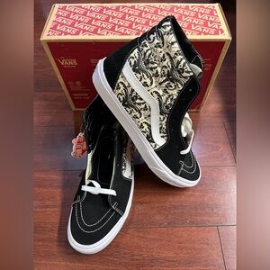 Mens 11.5 Vans Sk8 Hi Top Suede Skull Tapestry Black Bone Shoe Sneaker HALF BOX